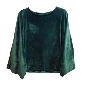 DKNY Green Velvet Velour Boxy Kimono Bell Sleeve Quiet Luxury Sweater Top L